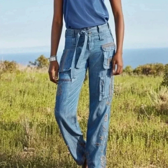 Johnny Was Denim - NWT Johnny Was Aventura baggy jeans, size 10. Cargo pockets and embroidery.